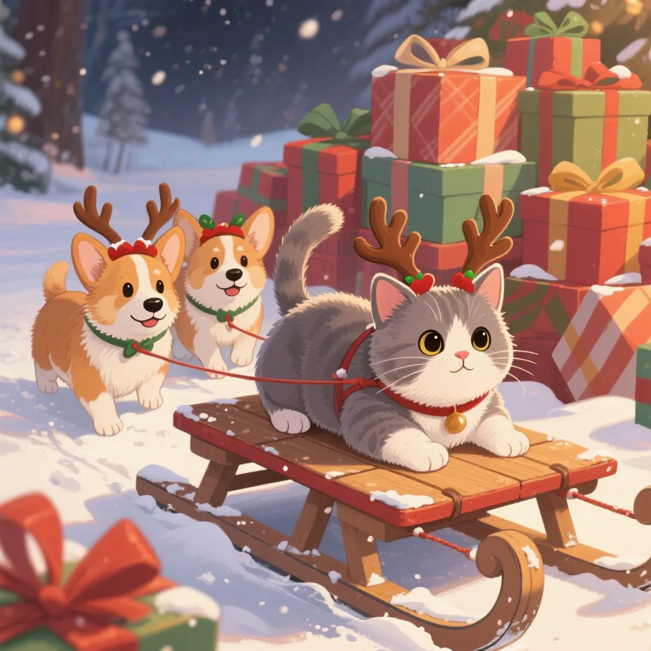 Adorable cat sledding with corgis