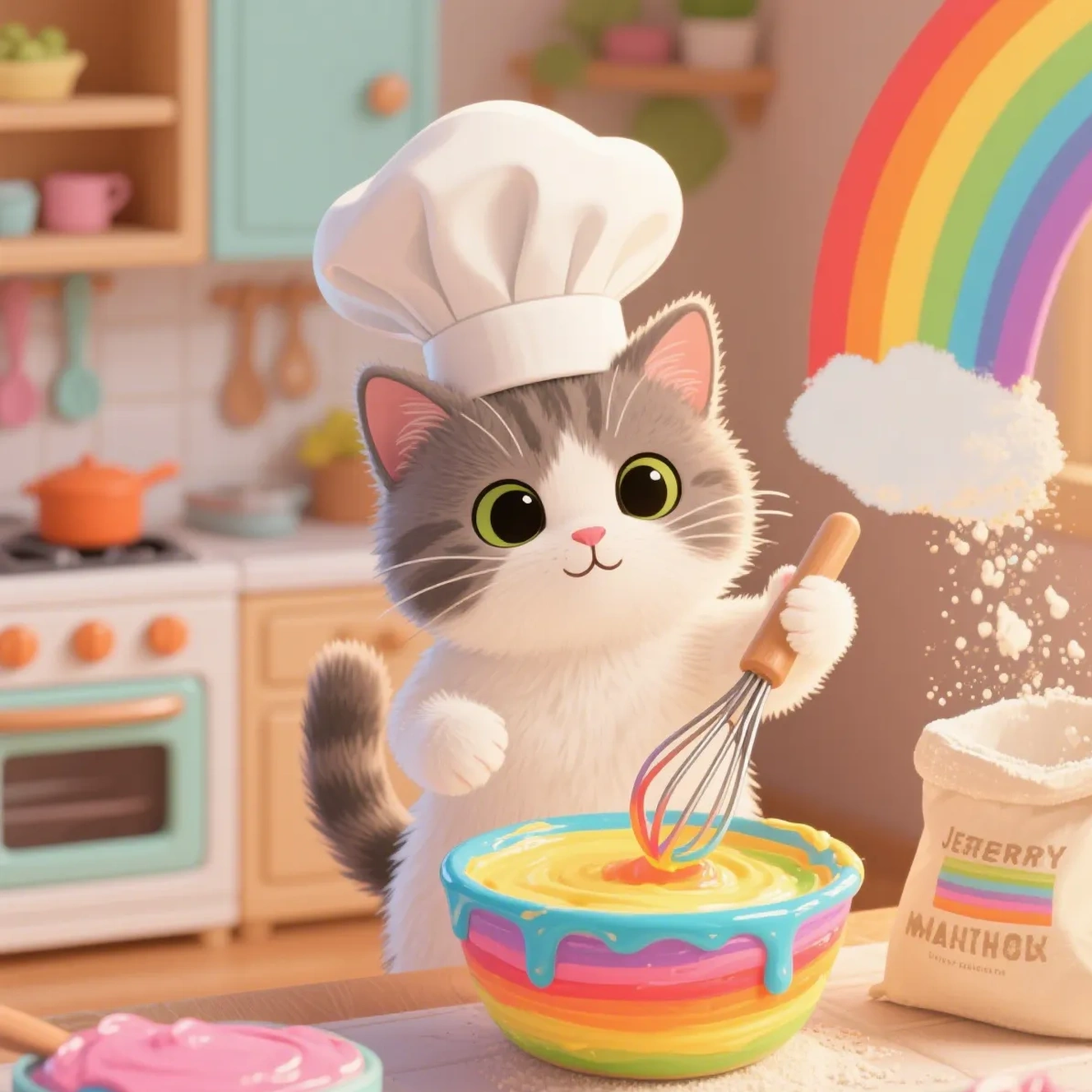 Cute cat bakes rainbow cake