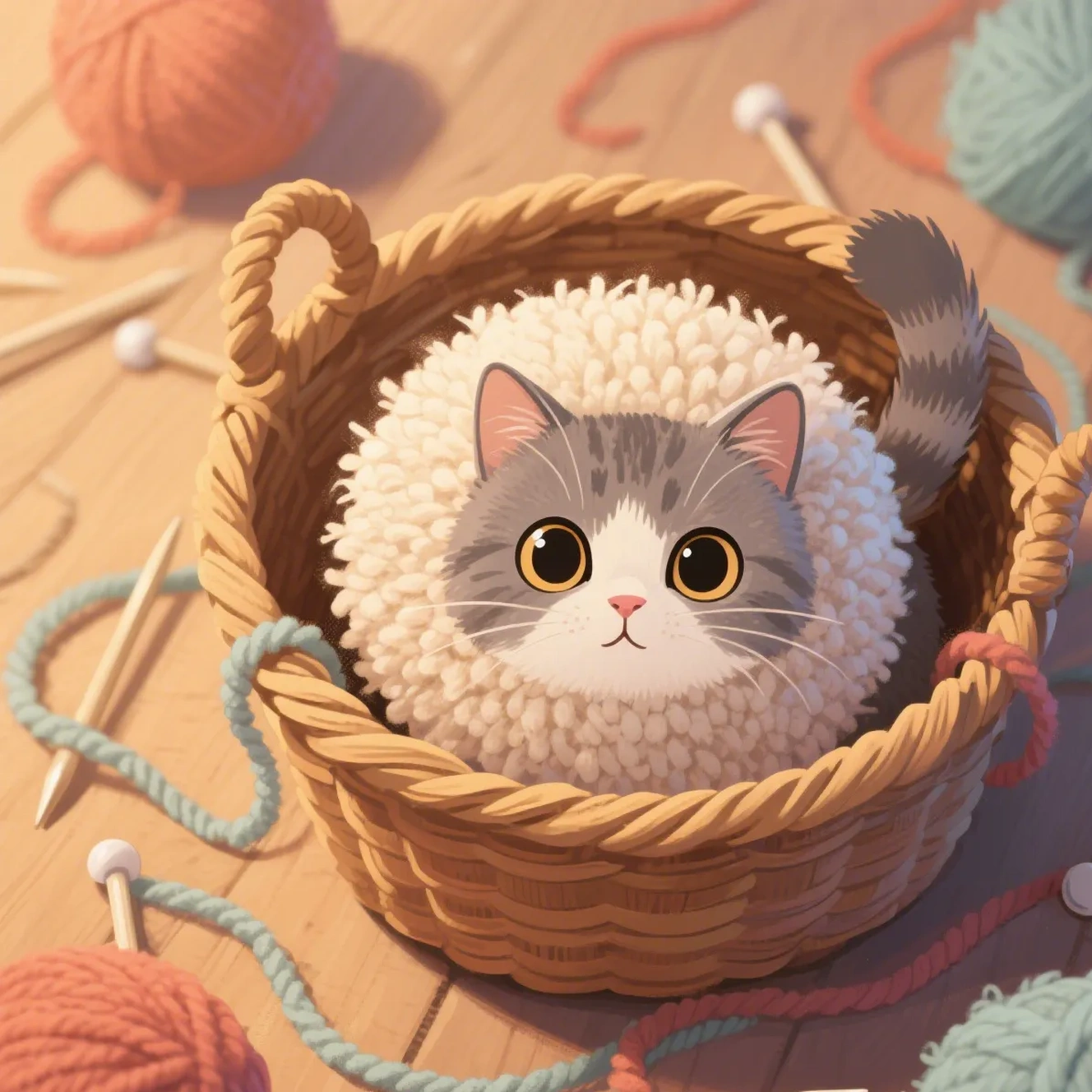 Adorable cat in yarn basket