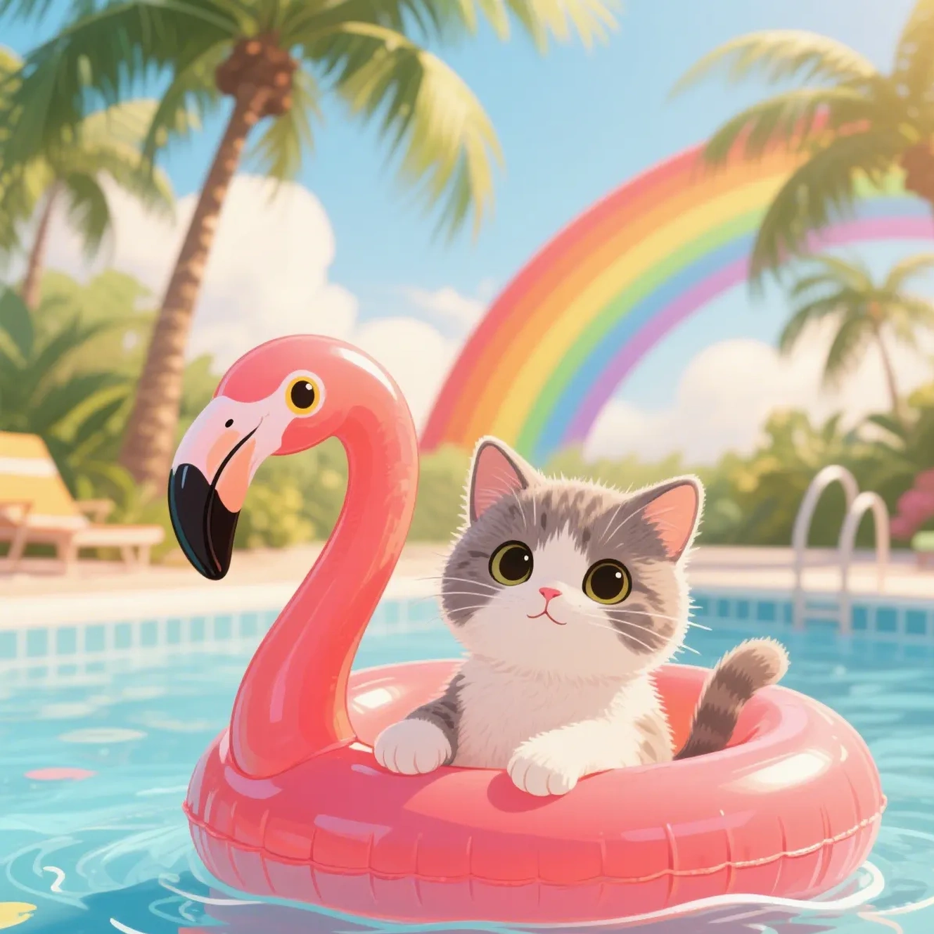 Kitten on flamingo pool float