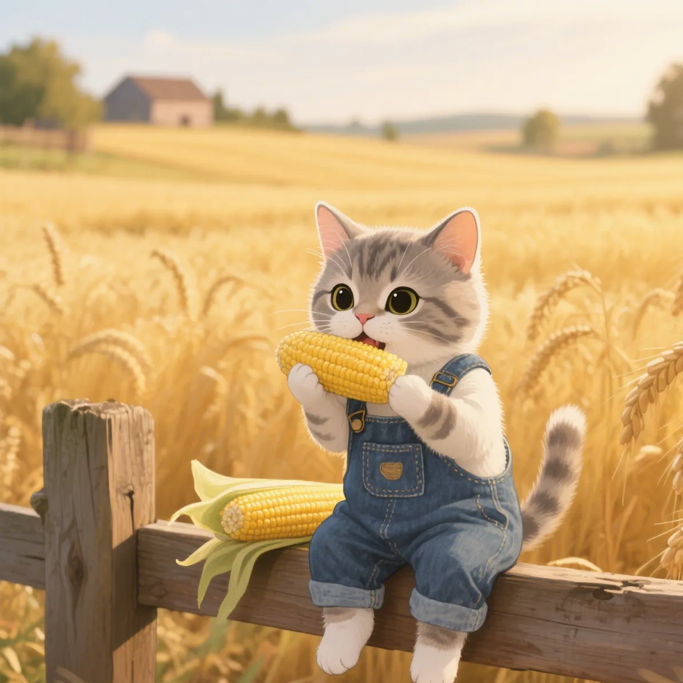Kitten in overalls eats corn